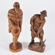 Vintage Oberammergau Germany Hand Carved Wood Figurines Bavarian Folk Art Pair picture