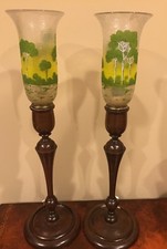 Pairpoint Ambero Antique Lamps w/ Scenic Hurricane Shades & Walnut Bases 23