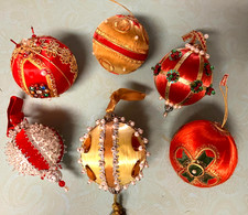 Vtg. Handmade Push Pin Satin Ball Christmas Ornaments - Sequins, Pearls, Beads picture