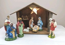 VINTAGE MCM LIGHTED STABLE W/SEVEN HAND PAINTED FIGURES MADE IN JAPAN picture