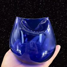 Hand Blown Art Glass Vase Cobalt Blue Folded Lip Top Vase Hand Made Glass VTG picture
