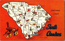 South Carolina Pictorial Map Postcard Dexter Press Yellow Jasmine Wren picture