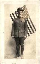 WWI soldier portrait Military Big Mustache & American Flag c1910s RPPC bhn picture