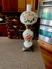 Vintage Slender Brass/Milk Glass 3-Way Lamp Handpainted Roses w/built in Chimney picture