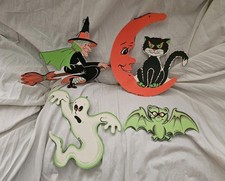VINTAGE 1970S BEISTLE HALLOWEEN DIE CUT DECORATIONS WITCH,GHOST,MOON,BAT LOT picture