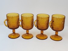 Vintage Indiana Glass Tiara Amber Sandwich Pedestal Mugs Handled set of 4 picture