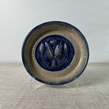 Signed Studio Pottery Ceramic Dish Blue Gray Crackle Glaze Raised Floral Design picture