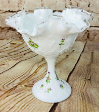 Vtg Authentic White Fenton Hand painted Glass Stemmed Bowl Signed by Jim Andrick picture
