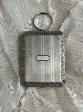 Antique 1920s Art Deco Silver Tone Dance Compact with Finger Ring Mirror & Puff picture