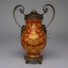 Monumental 19” Wong Lee Bronze Mounted Red Floral Paisley Porcelain Vase picture
