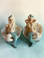 Vintage LEFTON Ceramic Mermaid Wall Plaques Set Of 2 🌴 Beautiful 🐚✨ picture
