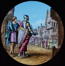 ANTIQUE Magic Lantern Slide PILGRIMS PROGRESS NO61 C1890 KNIGHT IN TOWN STREET picture
