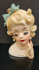 Beautiful Vintage RUBENS 489 Lady Head Vase w/ Green Bow & Faux Pearl Jewelry picture