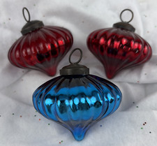 Vintage Kugel Styled Red/Blue Ribbed Thick Teardrop Glass Christmas Ornament 2
