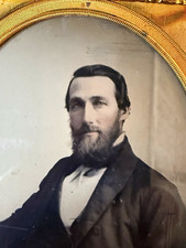 Antique Ambrotype B&W Portrait Photograph of Bearded Man in 1860s Leather Case picture