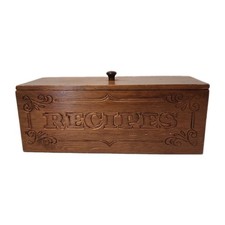 Vintage Wooden Double Recipe Box with Lid, 1970s Retro Carved Wood Recipe Card picture