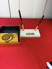 Vtg Arnold Italian Marble Double Desk Pen Set MCM Gold Tone New Boxed picture