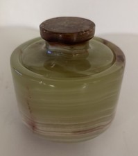 Vtg Green Onyx Salt Cellar with Lid - Natural Stone Marble Spice Jar Pinch Pot picture