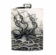Kraken Vintage Octopus Design 02 Flask 8oz Stainless Steel Ship Attack B&W  picture