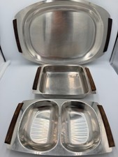 Set of 3 Vintage Mid Century Modern Serving Trays with Teak Handles picture