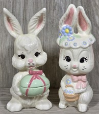 Ceramic Easter Bunny Pair Boy Candy Dish Egg & Girl Floral Bonnet Set Vintage 7