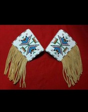 Old American Style Handmade Sioux Horse Beaded Cuffs Leather Fringes FHC25 picture