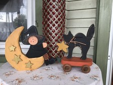 VTG HandMade Folk Art Cottagecore Wooden Halloween Witch And Cat Art Decor picture