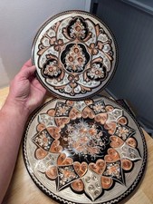 Pair Vintage Embossed Enameled Copper Wall Plates 11 and 9.5 in Floral Medallion picture