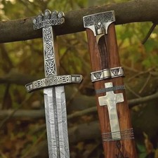 Hand Forged Damascus Steel Medieval/Viking Sword with Scabbard Decor & Collector picture