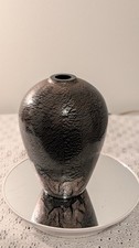 Vintage Mikasa Larry Laslo Jet Black Art Glass Vase Crackle Silver Foil Japan picture
