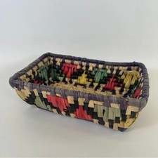 VTG Woven Straw Aztec Geometric Shallow Rectangular Basket Decor Handmade Raffia picture