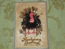 Vintage Thanksgiving Greetings Turkey /Real Feathers/ Gold Applique Germany PC picture
