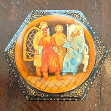 Vintage Russian Hand Painted Wood Hexagonal Trinket Box Scene 3” x 2.5” picture