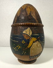 Vintage Pyrography Hand Carved Wooden Egg Trinket Box Dutch Windmill Folk Art picture