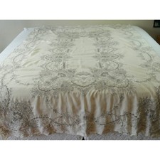 Vintage Madiera Embroidered Tablecloth Large Cutwork Lace Cream Floral 98 x 62 picture