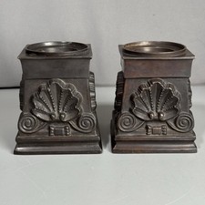 Antique Cast Bronze Pedestal Candle Holders Pair Neoclassical Shell Scroll picture