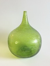Vintage Green Art Glass Bottle Vase - Swirl Line Cut Texture - Teardrop 11” H picture