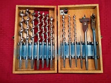 Vintage Irwin Complete Set (13), Oak Boxed Solid Center Wood Auger Drill Bits  picture