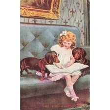 Antique Postcard 1908 Girl with Dachshund Dogs First Lesson in Art Kunkletown PA picture