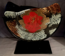 Large  Floral Design  Art Glass  Pocket Vase  in  Black Metal Stand picture