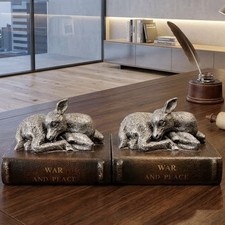 Vintage Sleeping Fawn Bookends Pair War And Peace Novel Base Pewter Look Finish picture