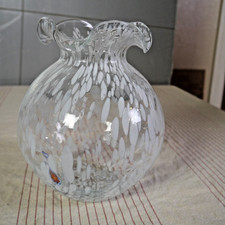 1980s Blown Glass Vase Transparent With White Blue Orange Spots Ruffle Edges picture