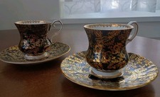 Pair of 2 Black Gilt Elizabethan Fine Bone China Cups & Saucers picture