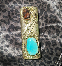 Handmade silver Turquoise & tigers eye Inlay Floral Design lighter holder Navajo picture