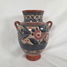 Vintage Tonala Mateos Mexico Pottery Vase Bird Floral Folk Art Signed 10