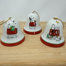 Vintage 1976 Peanuts Snoopy Woodstock Christmas Ornament Porcelain Bell Set 3 picture
