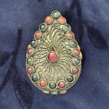 Vintage Trinket Snuff Pill Box Metal Filigree inset Cabochon Stones Middle East picture