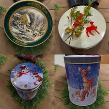 Vintage Christmas Tin Lot of 3 Currier Ives Early Winter Giordano Santa Reindeer picture