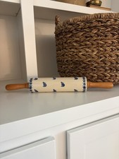 Antique Primitive Blue And White Rolling Pin With Hearts And Cats Ceramic picture