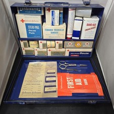 Vintage Johnson & Johnson General First Aid Kit Metal Case USA Stocked Blue picture